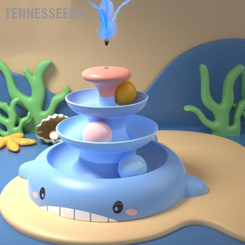 Tennessee052 Đồ chơi bóng bàn xoay cho mèo 3 cấp độ tương tác làm giảm sự nhàm chán của con tháp lăn đồ với thanh lông vũ và quả