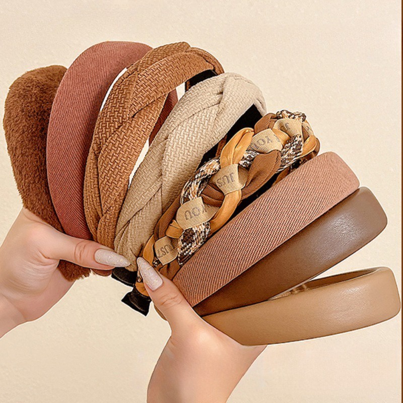 Băng Đô Cài Tóc Bản Rộng Màu Nâu Cà Phê Thời Trang Thu Đông Hàn Quốc