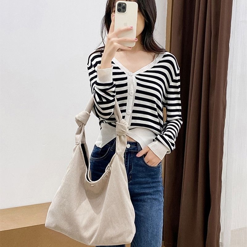 Túi tote Đeo Vai Vải Nhung Kẻ Kích Thước Lớn Màu Cam Phong Cách Hàn Quốc Đơn Giản Dành Cho Nữ