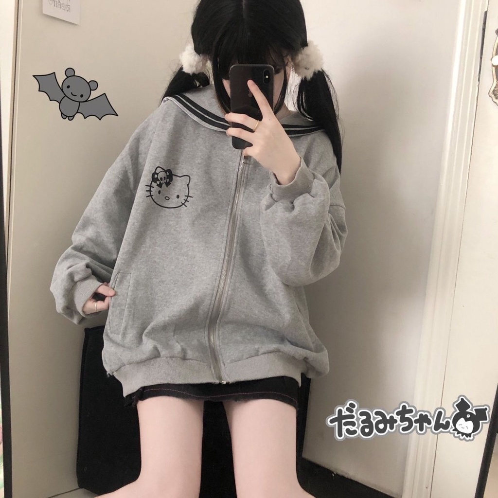 Áo sweater Mỏng Tay Dài Cổ Hải Quân Có Khóa Kéo Mềm Mại In Hình Tai Gấu Dễ Thương Thời Trang Xuân Hè Cho Nữ