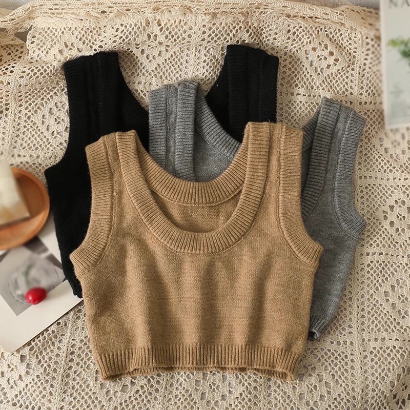 Áo croptop Dệt Kim Không Tay Màu Sắc Trơn Thời Trang Xuân Thu Dành Cho Nữ