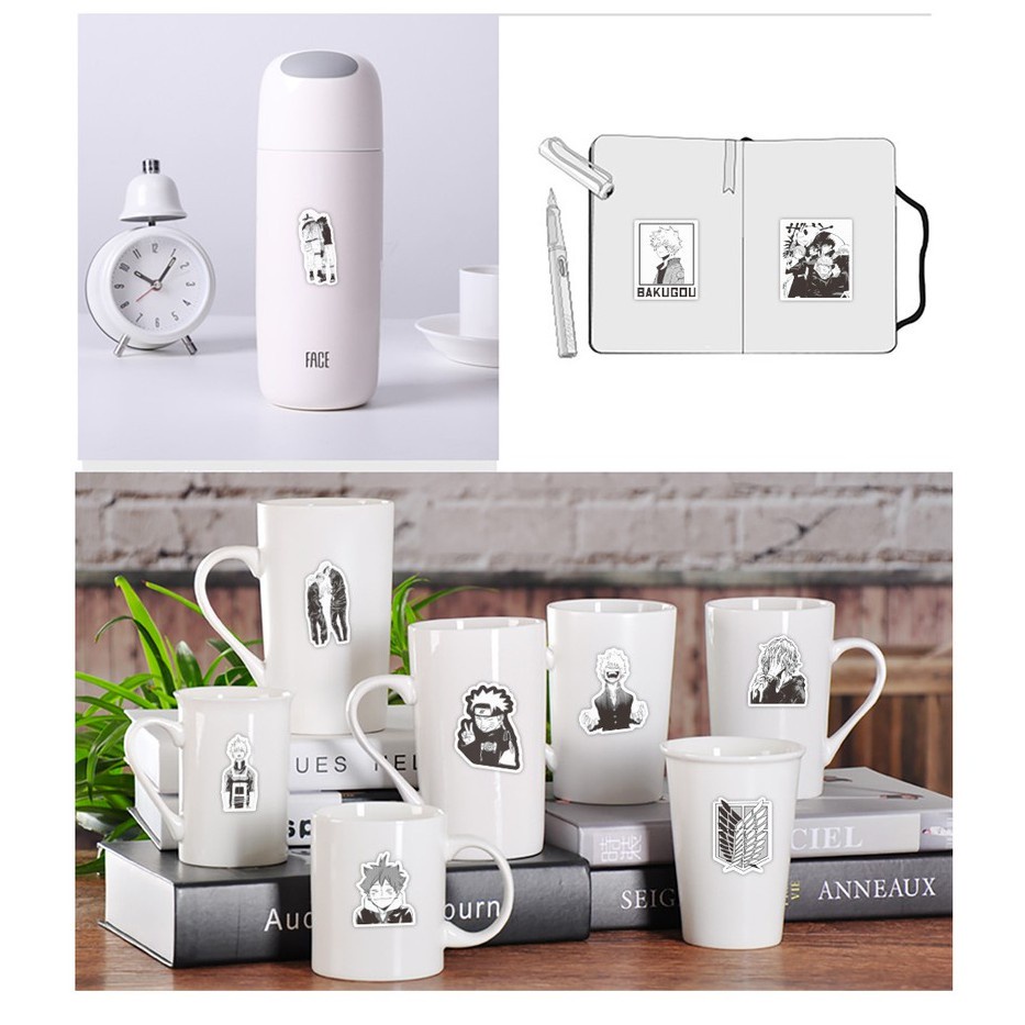 Set 10 Miếng Dán Trang Trí Ván Trượt / Xe Hơi - Họa Tiết Nhân Vật Anime Màu Trắng Đen 100 / 50 / 25 / 10 Sticker