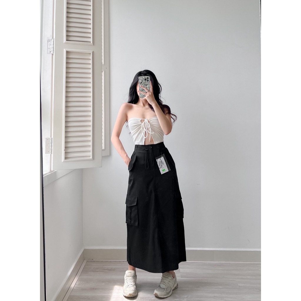 AIORI - Váy Dài Nữ KaKi Túi Hộp Lưng Thun Co Giãn Có Dây Siết Eo Mã V010