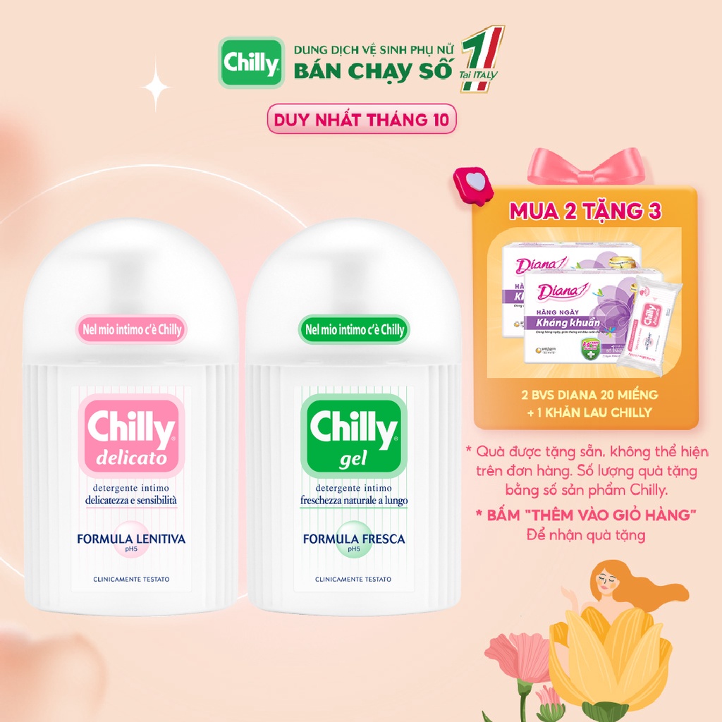 Combo 2 Dung dịch vệ sinh phụ nữ Chilly Gel + Delicato dưỡng ẩm, chiết xuất bạc hà se se lạnh, chai 200ml x 2