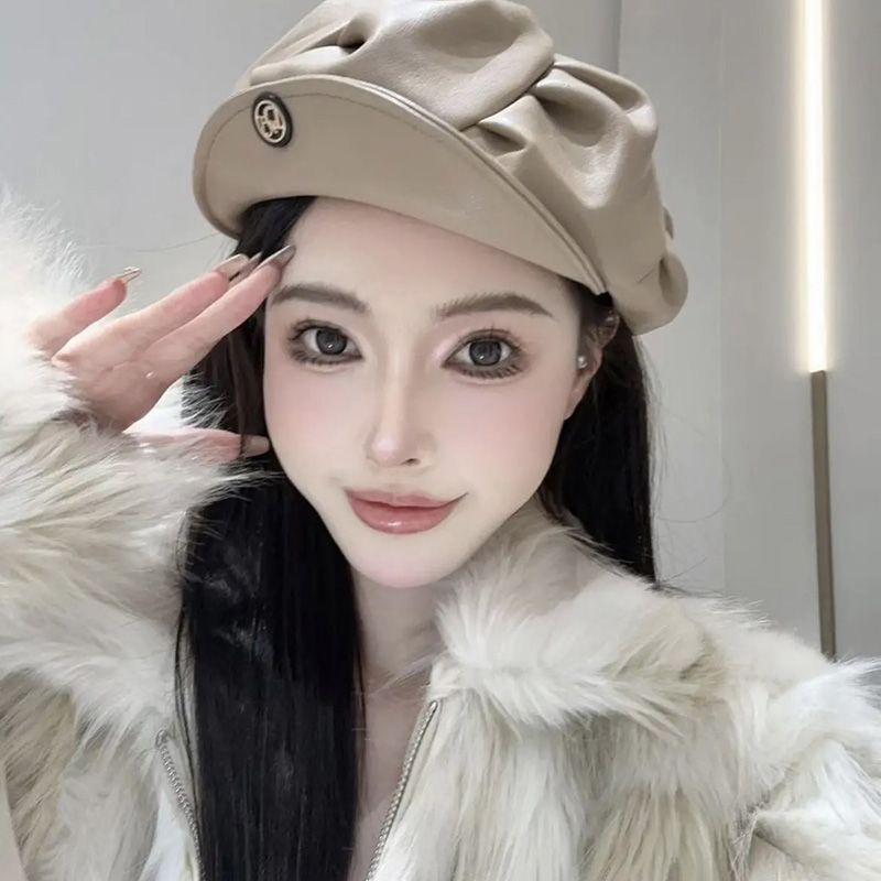 Mũ beret Da Màu Đen Xếp Ly Phong Cách retro Hàn Quốc Dễ Phối Đồ Cho Nữ