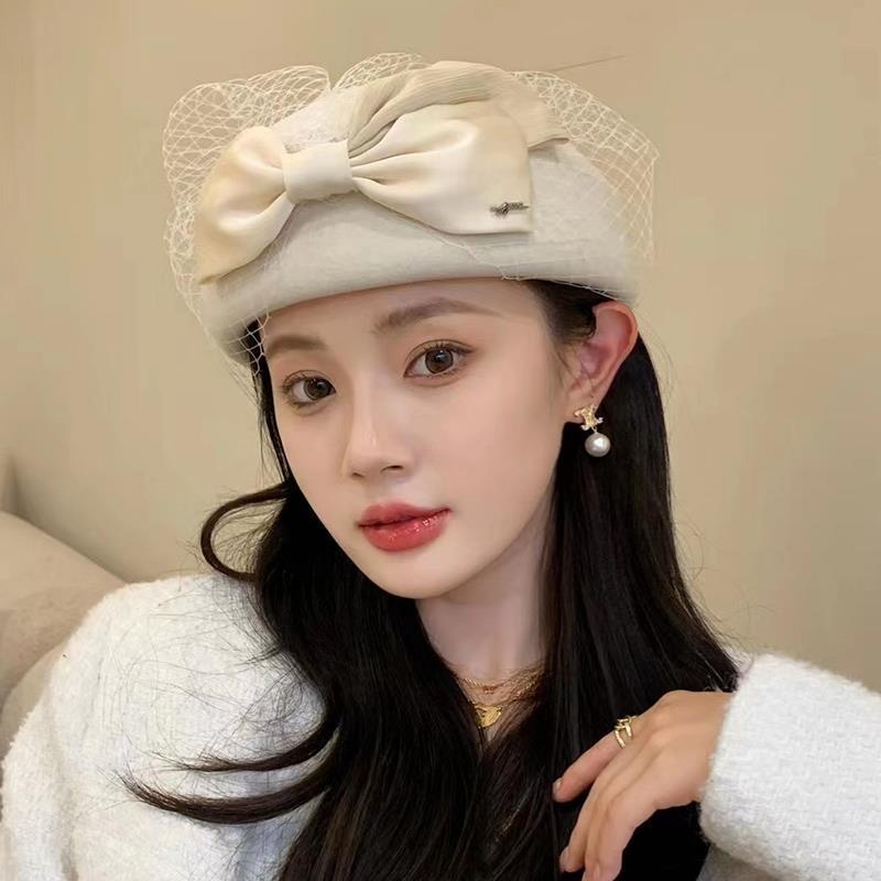 Mũ beret Phối Lưới Nơ Phong Cách Hàn Quốc Thời Trang Thu Đông Cho Nữ