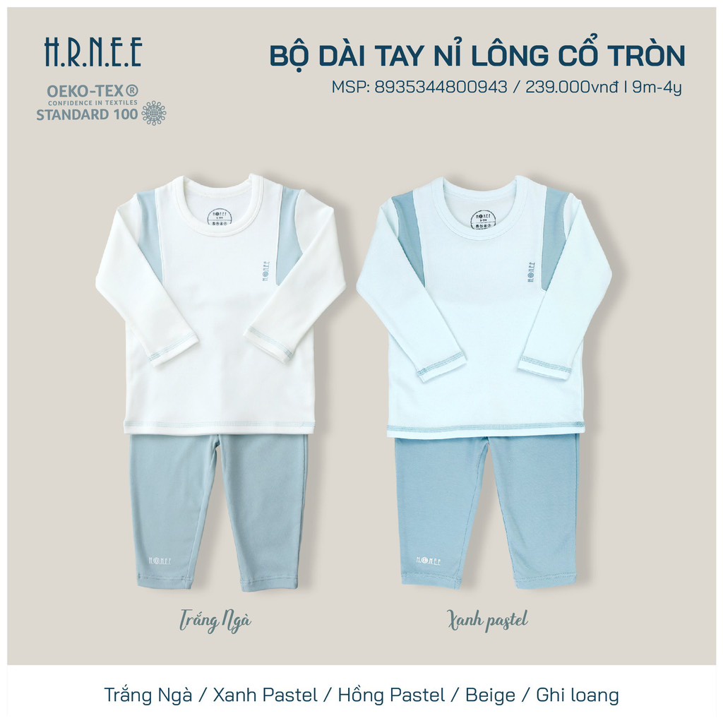 Bộ Hrnee dài tay nỉ lông cổ tròn cho bé trai bé gái