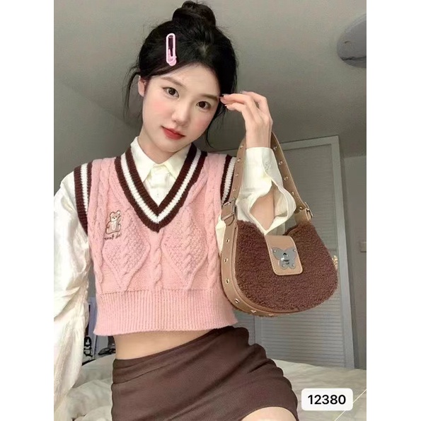 Qzas Áo vest Thêu Gấu Bông Cổ Chữ v Dễ Thương 12380 #