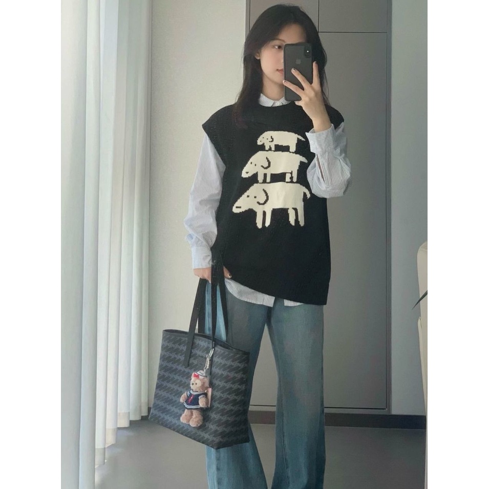 Set Áo Len Không Tay + Áo Sơ Mi Kẻ Sọc Dài Tay + Áo Khoác Ghi Lê Thời Trang Nữ