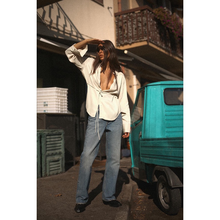 Zara Áo Sơ Mi Vải Lụa satin Phối Thắt Lưng Thiết Kế Tối Giản Thời Trang Mùa Thu Cho Nữ 2298183