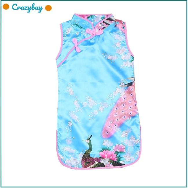 Cr Đầm Sườn Xám Cổ Đứng In Hình Chim Công Dễ Thương Cho Bé Gái