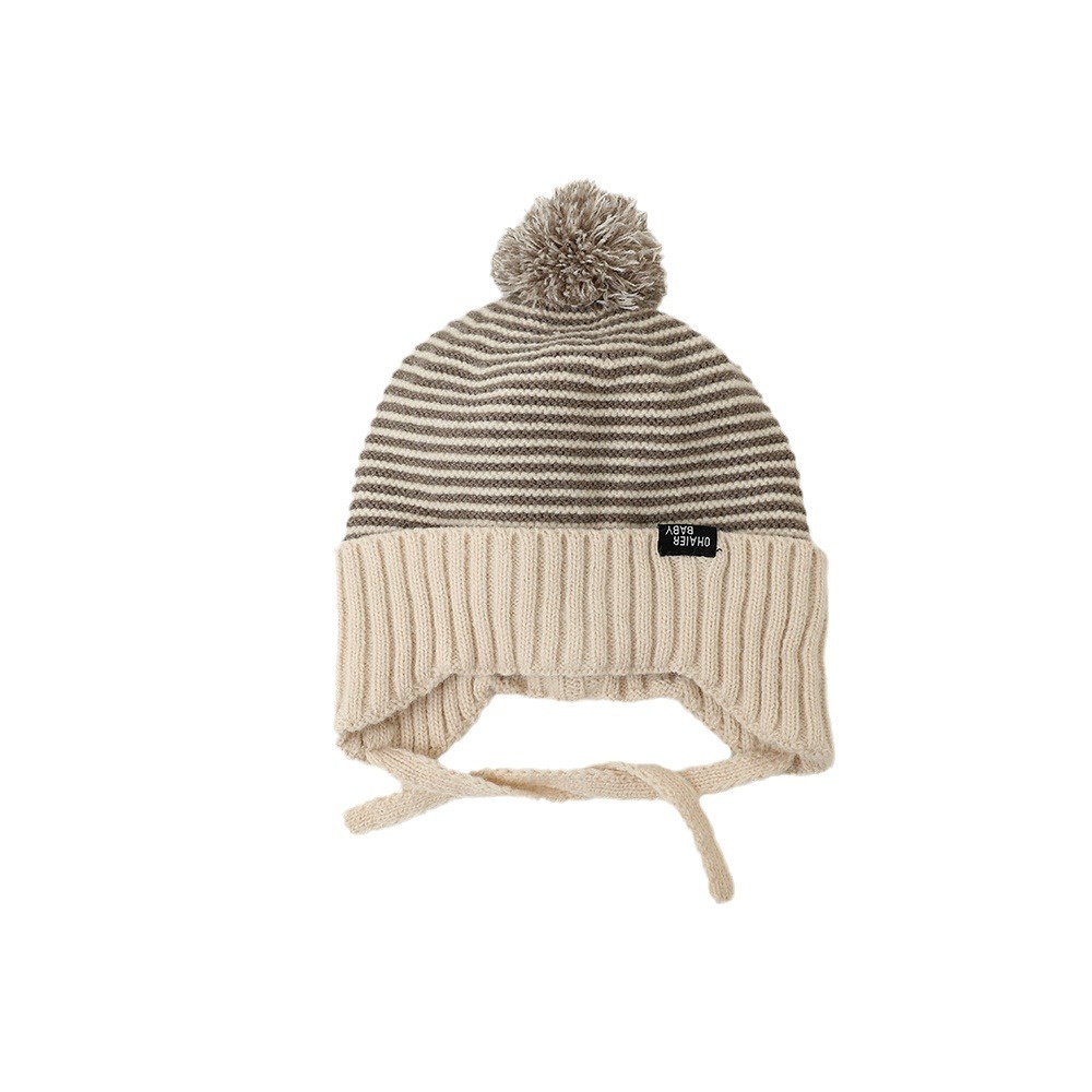 Mũ Len Dệt Kim Giữ Ấm Tai Họa Tiết Kẻ Sọc Đính Quả Bông Dễ Thương Thời Trang Thu Đông Cho Bé