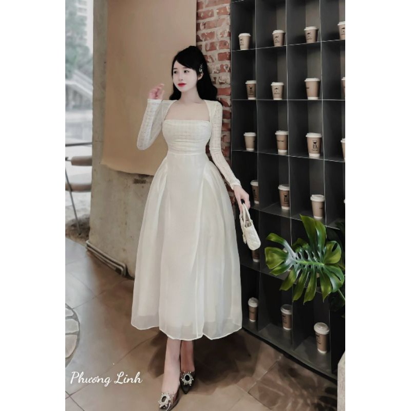 Đầm xoè cổ vuông dáng dài sang chảnh