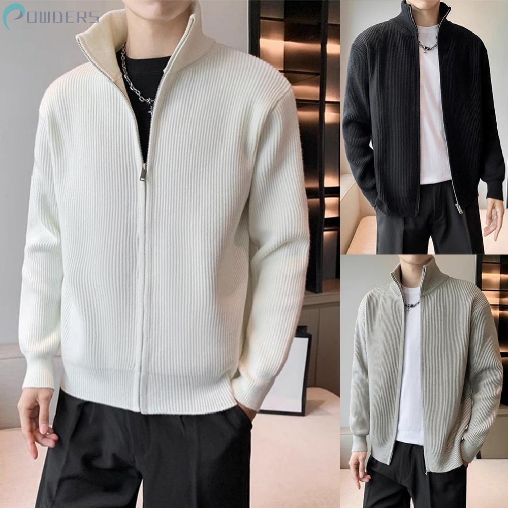 Mens Fleece Lined Knitted Jacket Zip Up Thick Warm Chunky Cardigan Long Coats