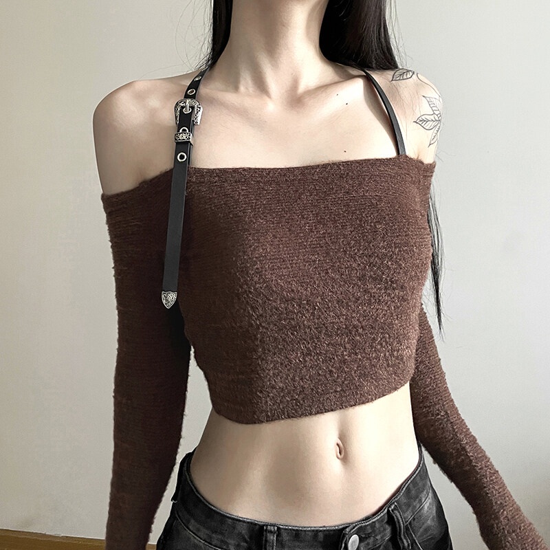 Weird Puss Áo Croptop Dệt Kim Dài Tay Trễ Vai Thời Trang Quyến Rũ Dành Cho Nữ