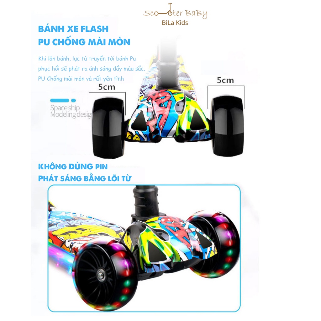 Xe Scooter cho bé trượt Graffiti BILA KIDS Có Nhạc Có Đèn, Gấp gọn thông minh bánh