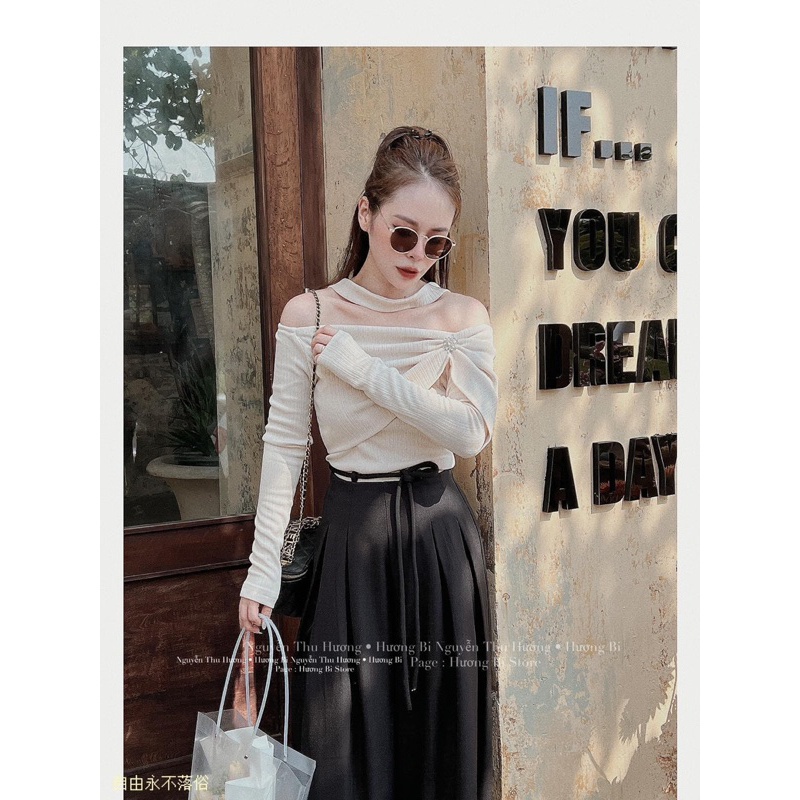 Áo Trễ Vai Sang Chảnh, Thun Tăm Co Dãn, Cài Tag Hoa Đá Xinh Xắn