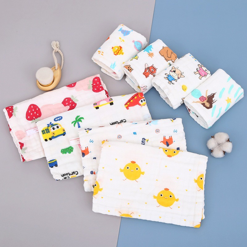 Six Khăn cotton Vuông Màu Trơn Hai Lớp Mật Độ Cao Khăn Lau Mặt Em Bé Hoạt Hình Vải Gạc In Hình Hoạt Hình Nhỏ