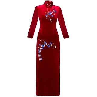 Đầm Sườn Xám Nhung Dài Thêu Họa Tiết Thời Trang Thu Đông Mới Cho Nữ Trung Niên