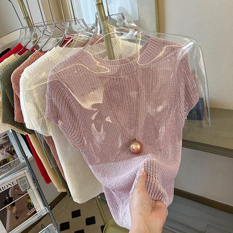 Áo sweater Dệt Kim Tay Ngắn Vải Lụa Lạnh Mỏng Thời Trang Mùa Hè 2023 Phong Cách Pháp Cho Nữ