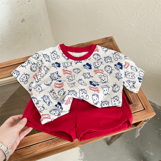 Bộ Áo Thun Ngắn Tay In Hoạt Hình + Quần short Thời Trang Mùa Hè Hàn Quốc Cho Bé
