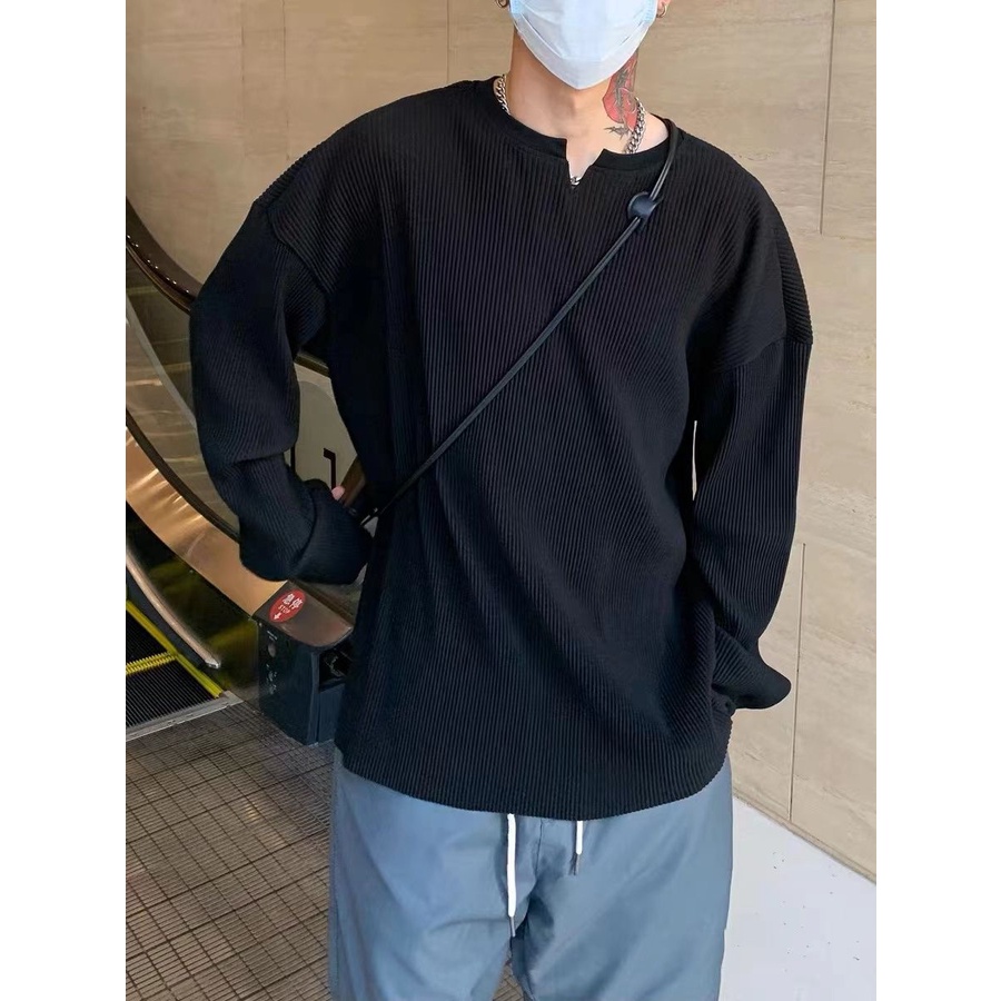 Áo Thun Tay Dài Cổ Chữ v Họa Tiết Kẻ Sọc Ngang plus size Cho Nam zyq143