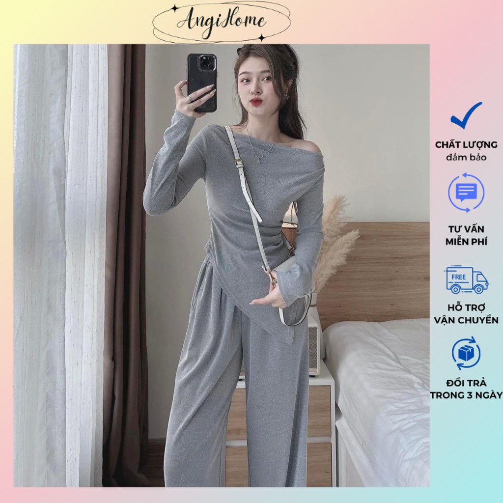 SET ÁO CỔ CAO TAY DÀI RỚT VAI + QUẦN LOE SUÔNG ANGIHOME
