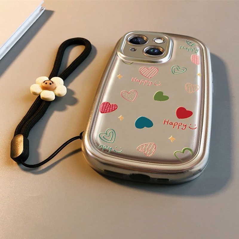 Ốp Điện Thoại Dẻo Màu Đen In Hình Hoa / Trái Tim / oval Có Dây Đeo Cho iphone 15 pro max 14 13 12 11 pro max xr ix