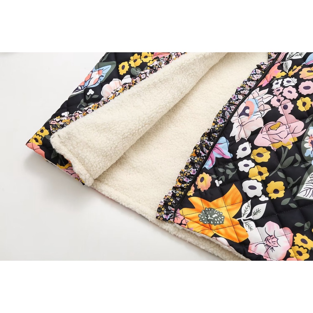 Zara Áo Khoác Lông Cừu Phối Ren Hoa Sen Phong Cách retro Cho Nữ