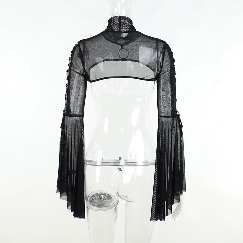 - Áo Lưới Cổ Lọ Tay Chuông Xuyên Thấu Phong Cách Tối Màu Phối Ruy Băng Cho Nữ