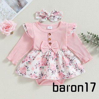 Set đồ 2 món gồm áo liền quần tay dài váy in hoa + băng cài đầu cho bé gái