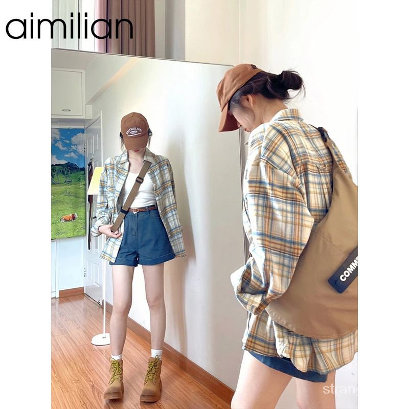 Áo Khoác Sơ Mi Dáng Rộng Kẻ Sọc Kiểu retro Mỹ Thời Trang Xuân Thu Cho Nữ