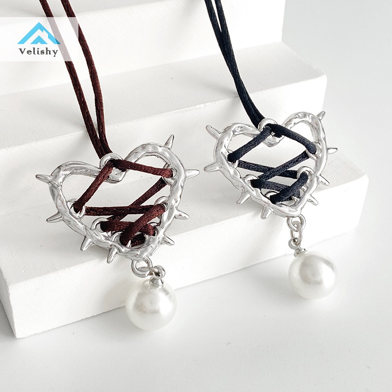 Velishy Vòng cổ Mặt Trái Tim Đính Ngọc Trai Và Ruy Băng Thời Trang Cho Nữ