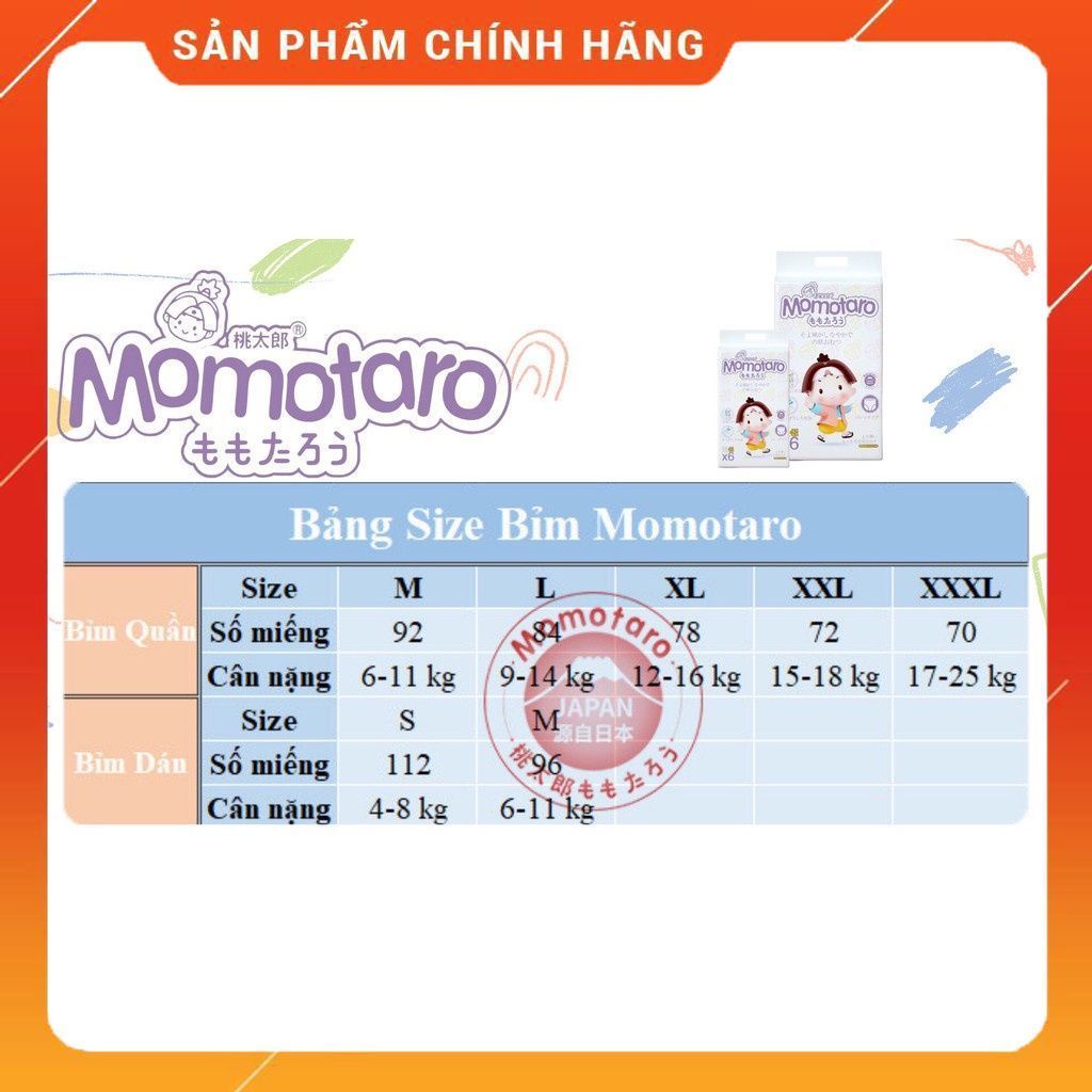 Tã bỉm MOMOTARO chính hãng dán/quầnS112/M96/M92/L84/XL78/XXL72/XXXL70