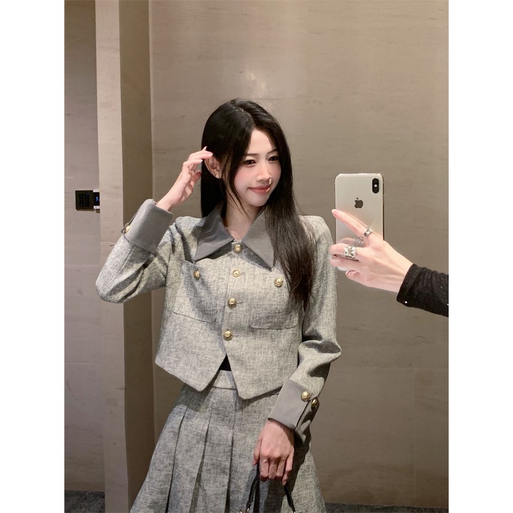 Bộ Áo Khoác Vest Dáng Rộng Phối Chân Váy Ngắn Xếp Ly Kiểu retro Pháp Thời Trang Mùa Thu 2023 Cho Nữ