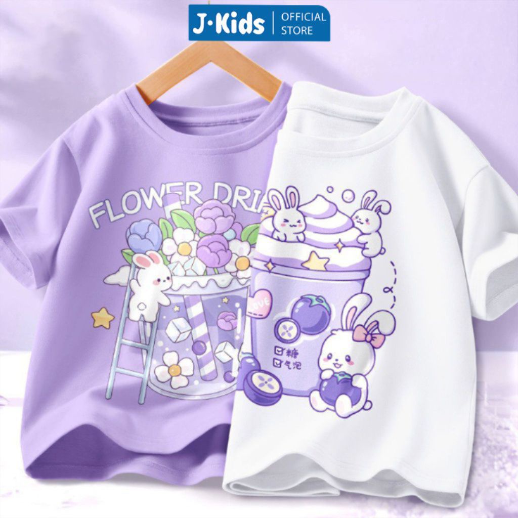 Combo 2 áo thun bé gái J-Kids áo phông ngắn tay in hoạt hình cute cho bé mẫu mới 2023
