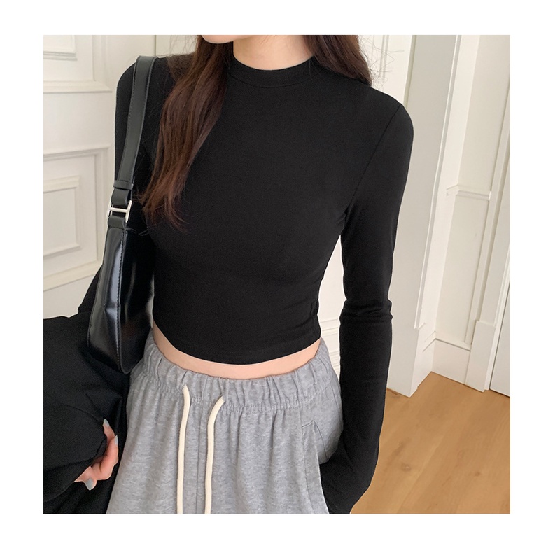 Áo croptop cổ tròn tay dài nữ dáng ôm vải thun coton co giãn 4 chiều kiểu basic  body màu đen đẹp CHR278