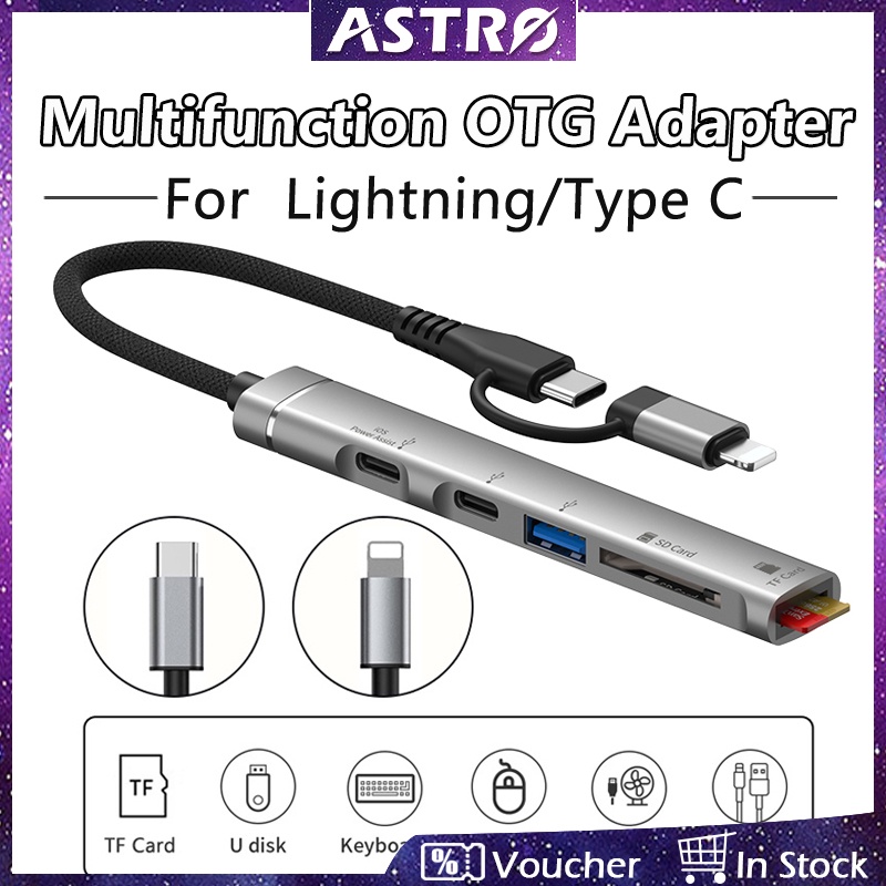 Astro Đầu Đọc Thẻ Nhớ lightning / usb c otg 5 Trong 1 Cho iphone 15 / 14 / 13 promax / 11 / ipad / laptop / type-c sd / tf + Cổng Sạc usb 3.0