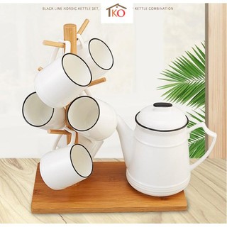Bộ ấm chén sứ phong cách Bắc Âu cao cấp kèm khay gỗ treo tiện lợi