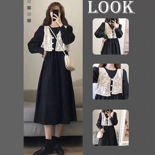 Set áo vest + đầm yếm phong cách vintage hàn quốc cho nữ