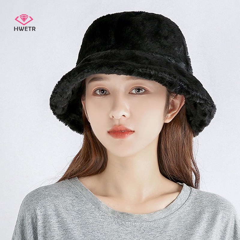 Nón bucket Lông Giả Màu Trơn Giữ Ấm Mùa Đông Cho Nữ Mới
