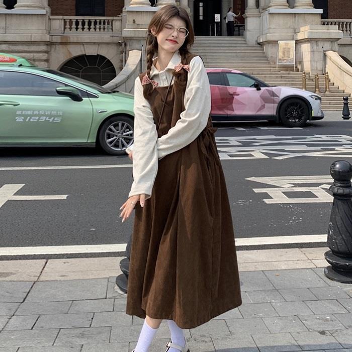 Váy yếm đầm Set Áo Sơ Mi Cổ Búp Bê + Đầm Yếm Dáng Rộng Thời Trang Mùa Thu Cho Nữ