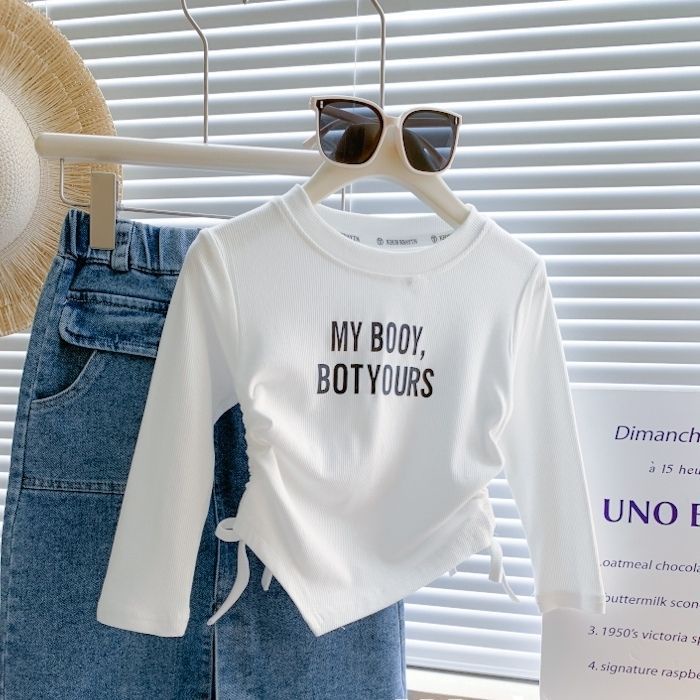 Thời Trang Áo Thun Tay Dài Co Giãn In Chữ Hai Mặt Phối Dây Rút Phong Cách Hàn Quốc Xuân Thu 2024 Cho Nữ