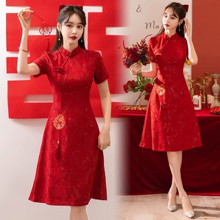 Đầm sườn xám đỏ dáng rộng chiết eo thời trang xuân hè cho nữ