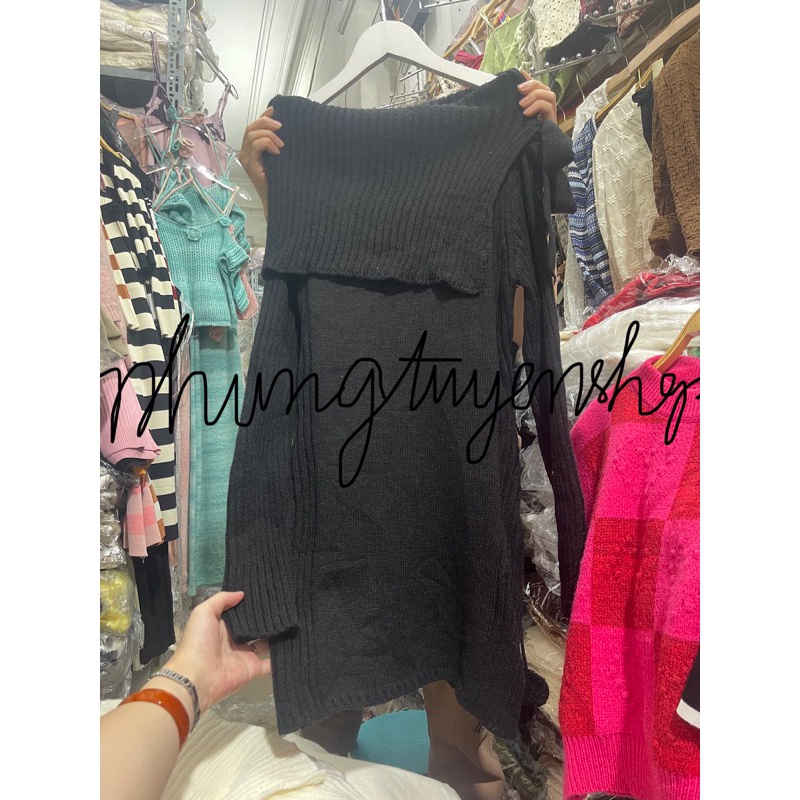 Gaeul store- áo váy len trễ vai mix quả bông