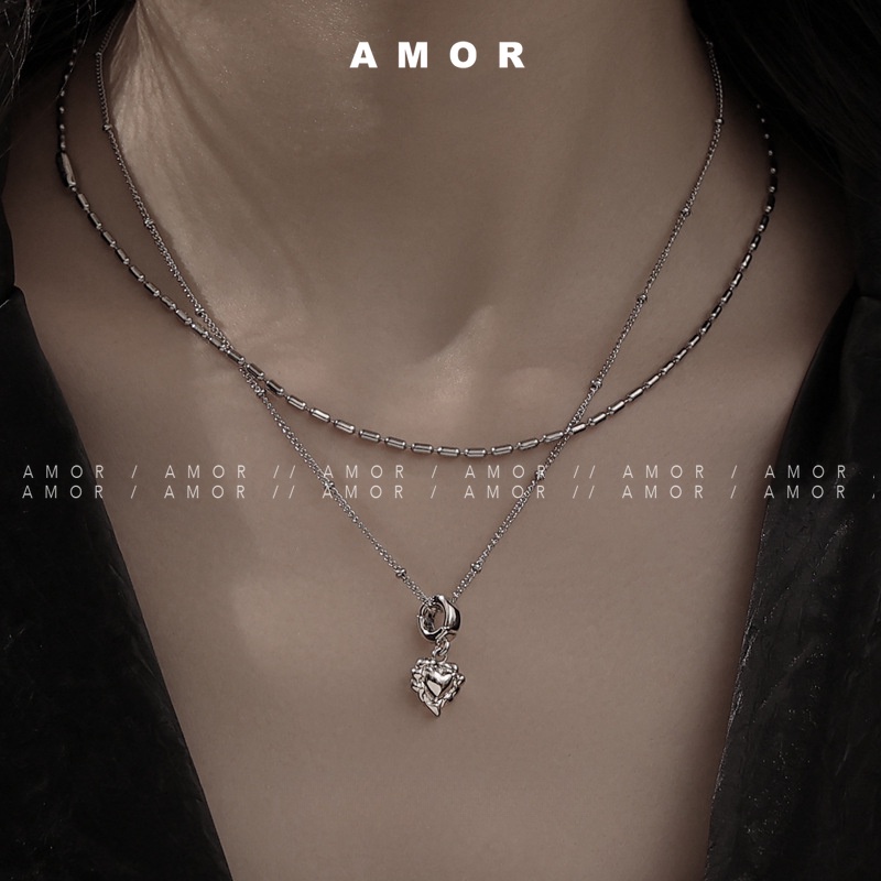 Vòng cổ Hai Lớp Bằng Thép Titan Mặt Hình Trái Tim unisex