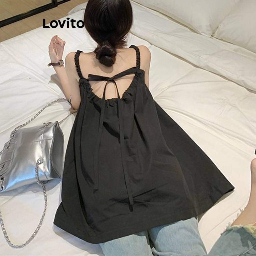 Áo hai dây Lovito cột nơ lưng màu trơn thường ngày cho nữ LNE20058 (màu đen)