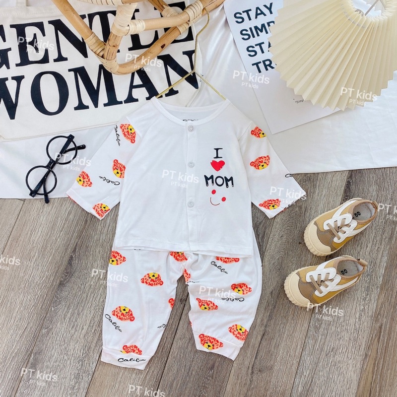 Bộ dài tay cài thẳng trắng hoạ tiết Pjkids chất thun lạnh loại 1 cho bé