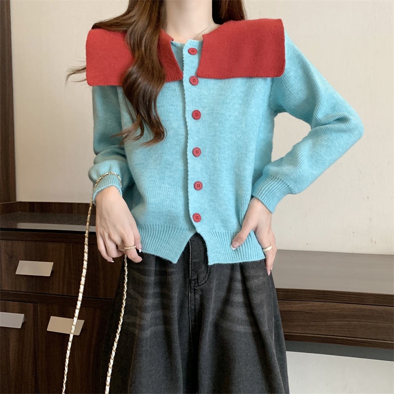 Áo sweater Cổ Hải Quân Tay Dài Dáng Rộng Phối Màu Tương Phản Thời Trang Thu Đông Cho Nữ