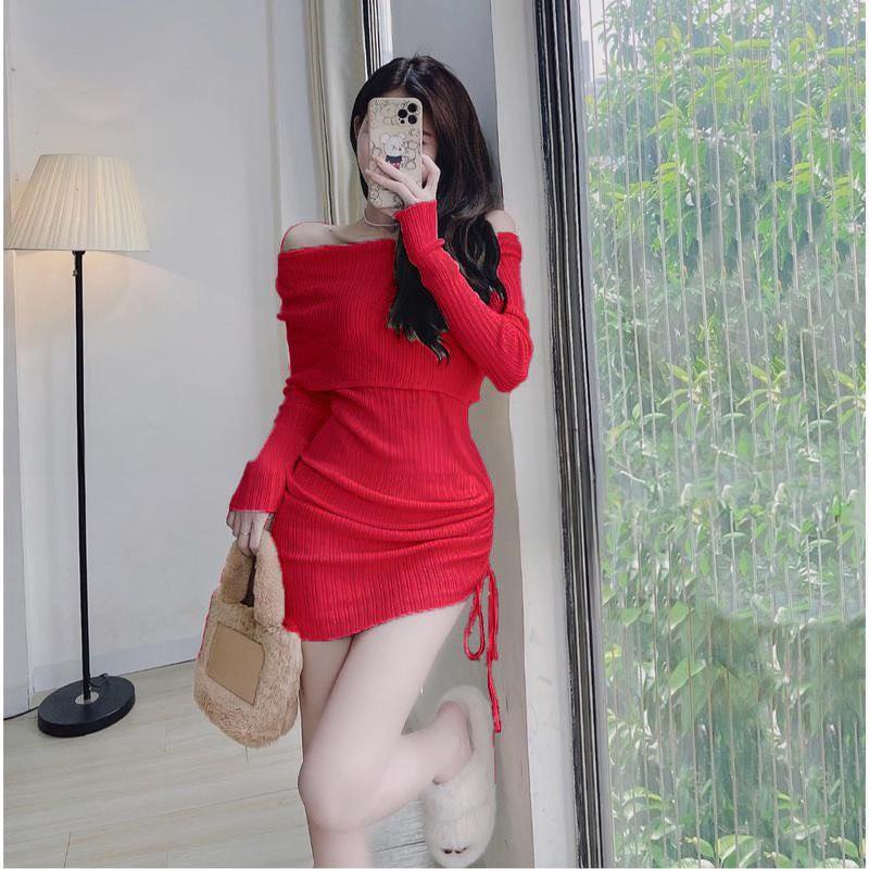 Váy Body Dự Tiệc Trễ Vai Dây Rút Vải Thun Xốp Nhật cho Noel Ấm Áp 45 - 100Kg Bigsize Dễ Thương Top Nữ